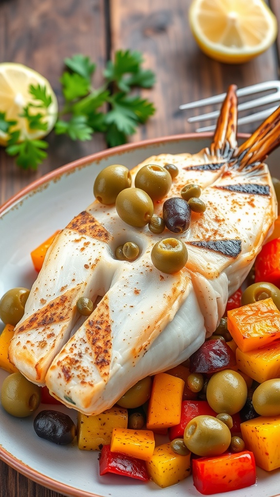 Mediterranean Mahi Mahi fillets topped with olives and capers, served with roasted vegetables on a rustic table.